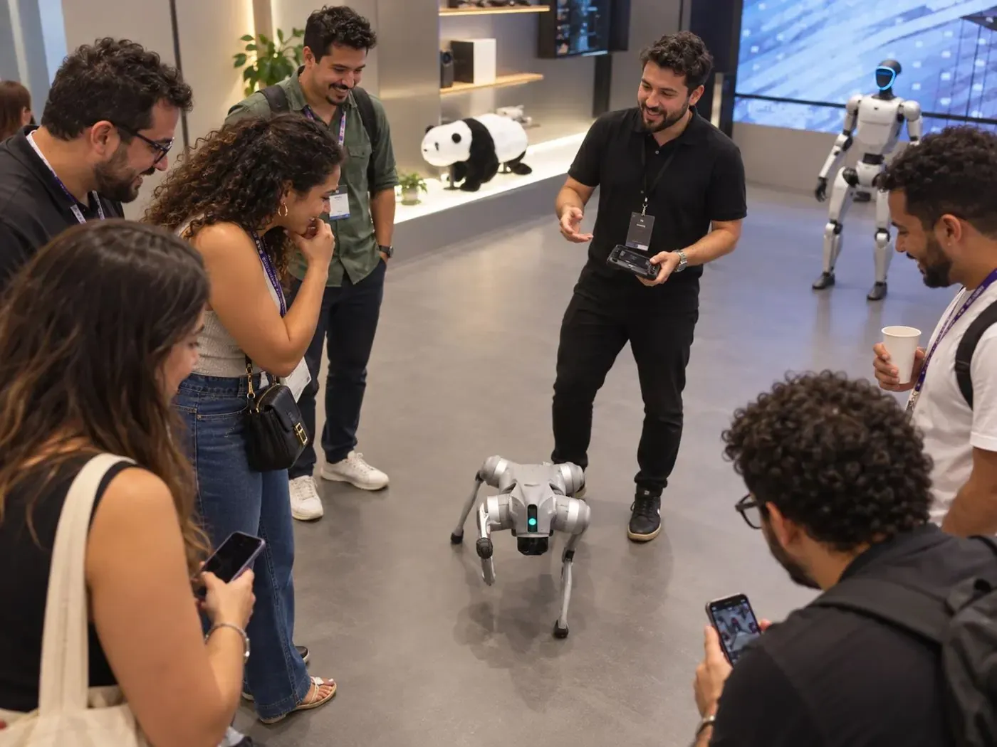 Cachorro robô com operador no meio da roda